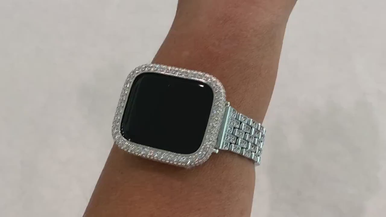 Series 9 Silver Apple Watch Band Swarovski Crystals 38mm-49mm & or 2.5mm Lab Diamond Bezel Cover, Smartwatch Bumper Bling for Iphone Watch