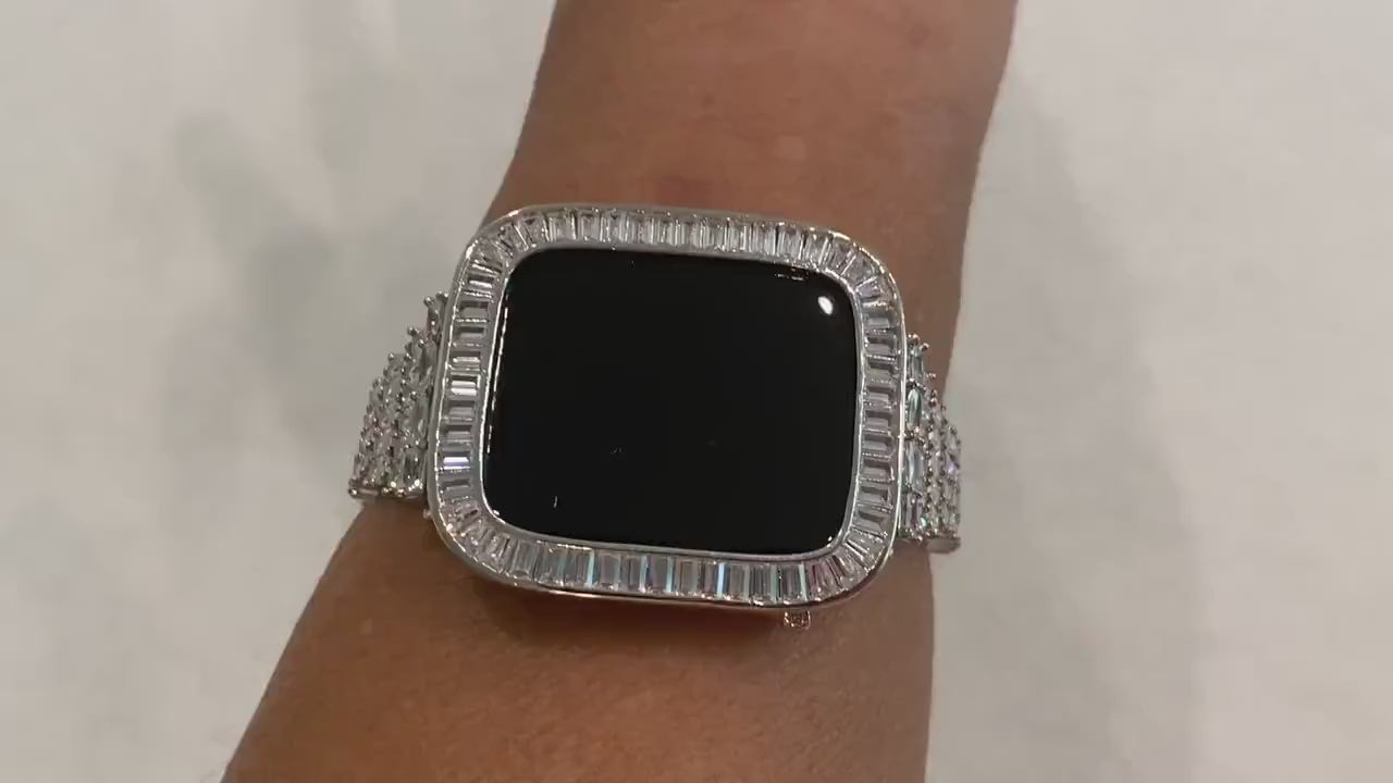 41mm 45mm Apple Watch Band Silver Swarovski Crystal Baguettes & or Lab Diamond Bezel Cover Smartwatch Bling Series 38mm-45mm Series 2-9 SE