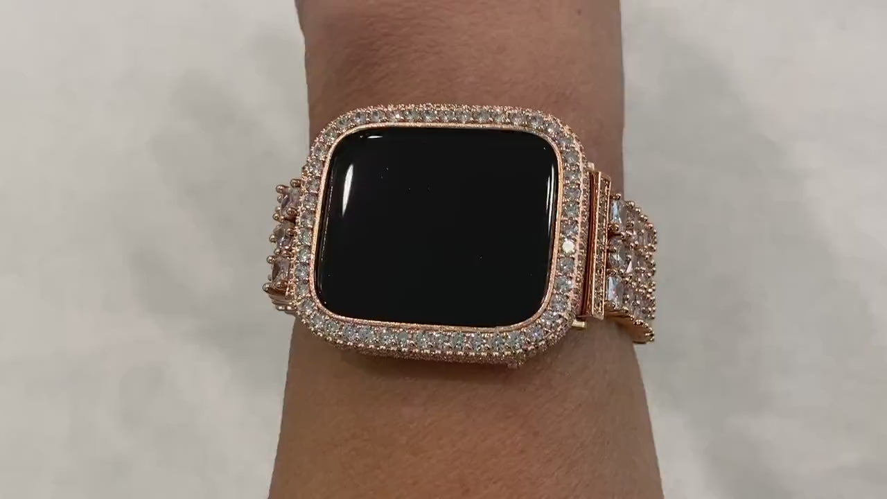 Apple Watch Band Women Rose Gold Swarovski Crystal 38mm 40mm 41mm 42mm 44mm 45mm 49mm Ultra & or Lab Diamond Bezel Cover Iphone Watch Bling