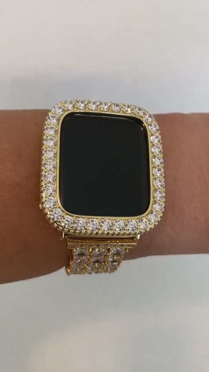 Yellow Gold Apple Watch Case Lab Diamond Bezel 3.5mm Apple Watch Cover Iwatch Band Bling 38mm 40mm 41mm 42mm 44mm 45mm Series 2-9 Gift