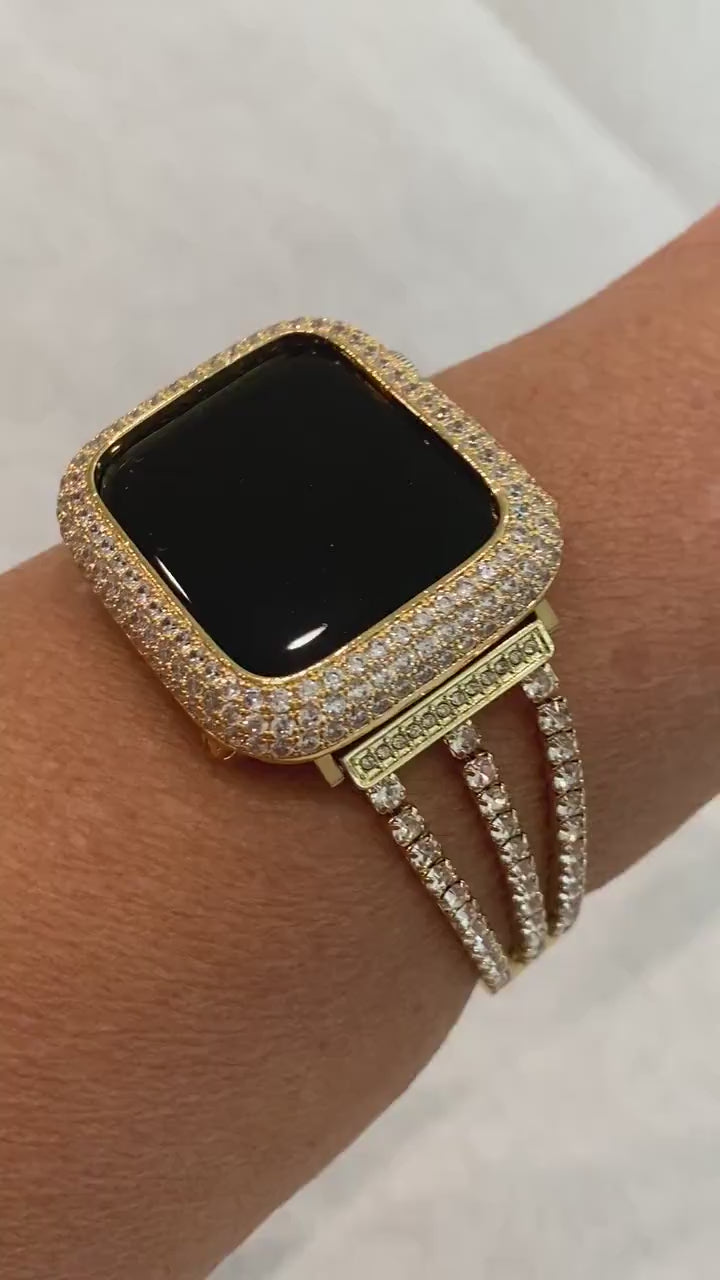 Gold Apple Watch Band  Crystal 38mm-49mm Ultra & or Apple Watch Case Lab Diamond Bezel Apple Watch Cover Bumper Iwatch Candy Bling