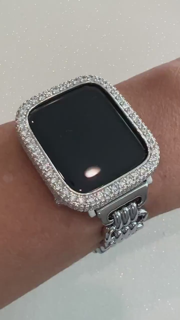 Silver Designer Apple Watch Band Link Bracelet Minimalist, Iphone Watch Band & or Apple Watch Case Lab Diamonds Bezel Iwatch Phone Cover