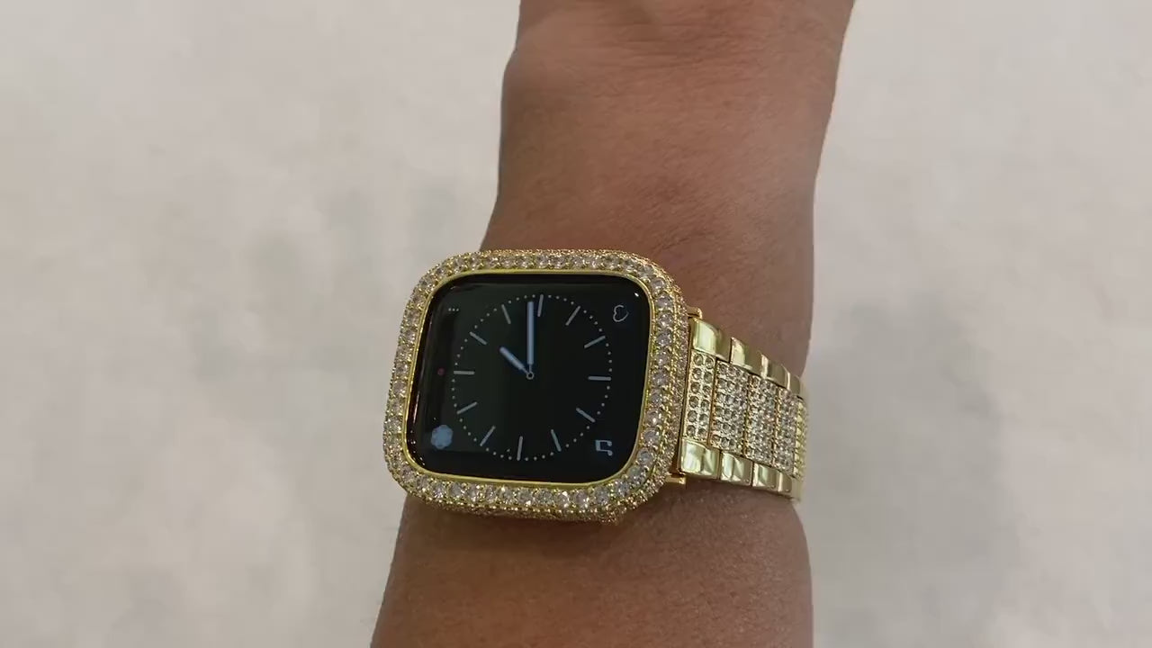 Yellow Gold Apple Watch Band Swarovski Crystals 41mm 45mm 49mm Ultra & or Lab Diamond Bezel Case Cover 38mm 40mm 42mm 44mm Iphone Watch