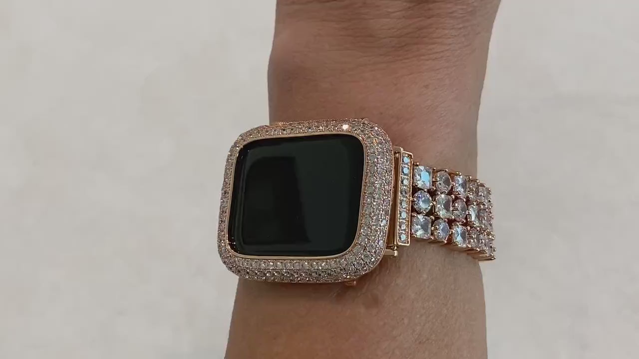 Crystal Rose Gold Apple Watch Band Womens 41mm 45mm 49mm Ultra & or Apple Watch Cover Set With Lab Diamonds Iwatch Case Bling 38mm-49mm SE