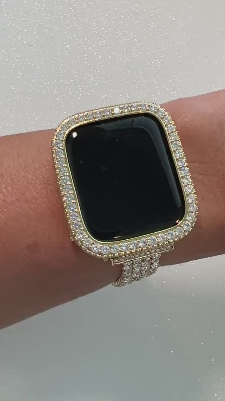 Womens Apple Watch Band Gold  Crystal 38 40 41 42 44 45 49mm Ultra & or Apple Watch Cover Lab Diamond Bezel Apple Watch Case Bling