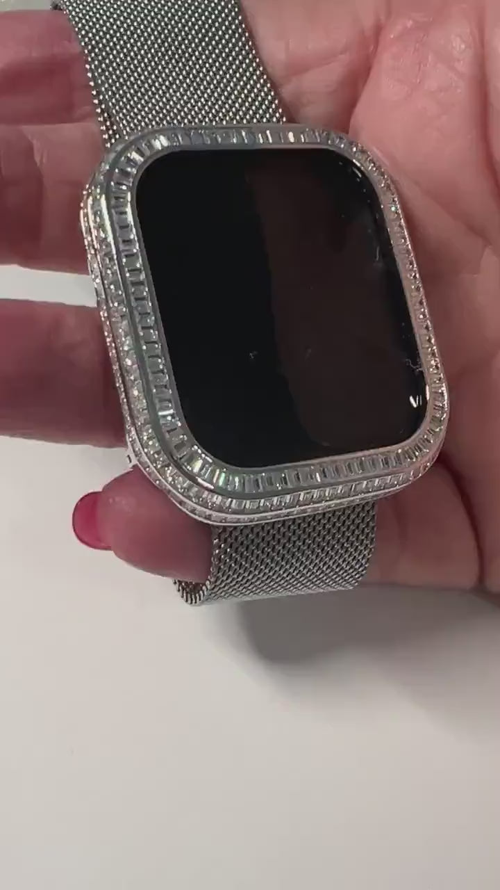 Designer Apple Watch Case Silver Baguette Lab Diamond Bezel Designer Apple Watch Cover 40mm 41mm 44mm 45mm Iwatch Candy Bling Series 9