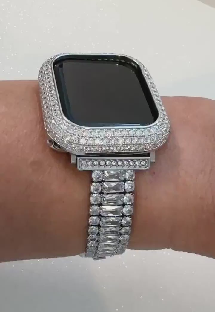 14k White Gold Plated Apple Watch Band Womens Silver Swarovski Crystals & or Apple Watch Case Lab Diamond Bezel Iphone Watch 38mm-49mm Ultra