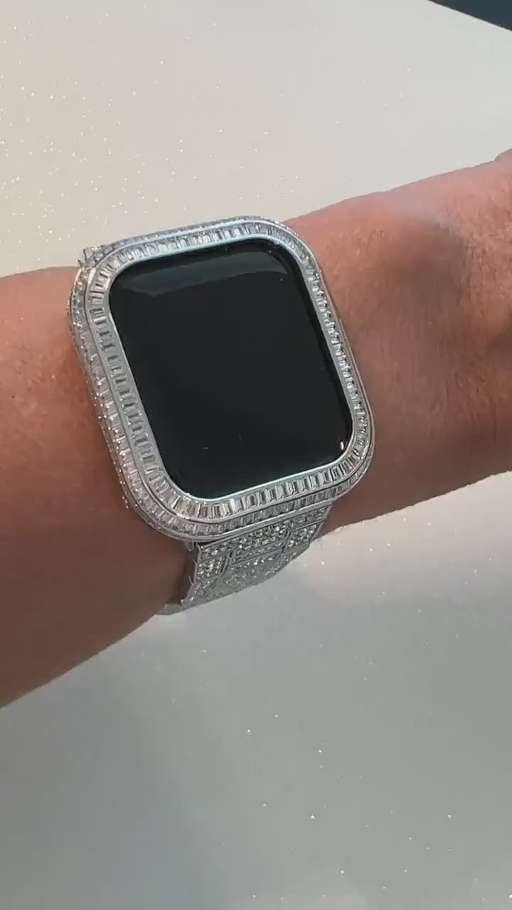 Luxury Apple Watch Band Silver Pave Swarovski Crystal & or Apple Watch Case Baguette Lab Diamond Bezel Cover Iwatch Candy Bling Iphone Watch