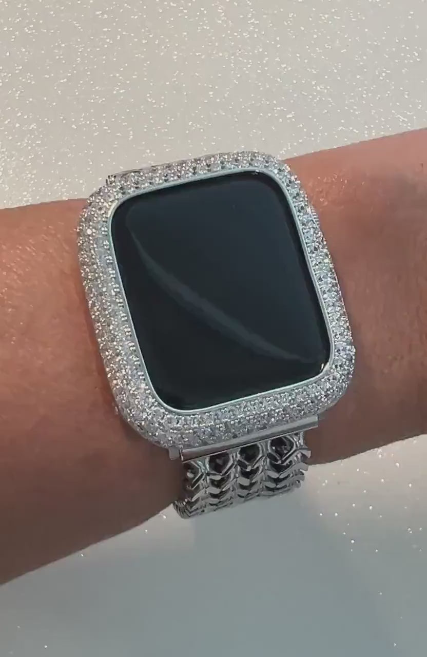 Silver Apple Watch Band Stainless Steel Womens Iphone Watch Bracelet & or Apple Watch Case Lab Diamond Bezel 38mm-49mm Ultra Iwatch Candy