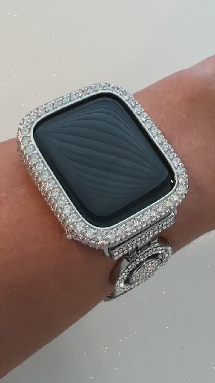 Designer Apple Watch Band Womens Silver Pave Swarovski Crystals & or Apple Watch Cover Iwatch Case Lab Diamond Bezel Bling 38mm-45mm S2-9