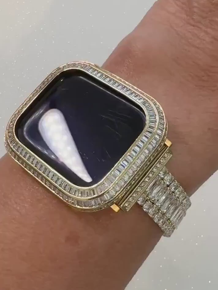 14k Yellow Gold Plated Apple Watch Band Womens Swarovski Crystal & or Apple Watch Case Lab Diamond Bezel for Iphone Watch Cover Iwatch Candy