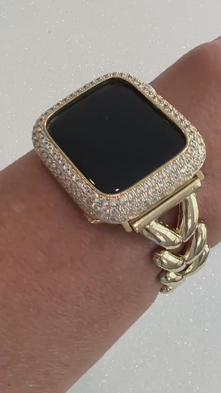 Gold Apple Watch Band Women Minimalist Bracelet, Iwatch Phone band & or Apple Watch Case Pave Lab Diamond Bezel Iwatch Cover 38mm-49mm Bling