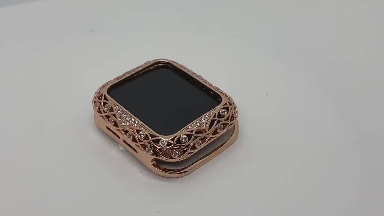 41mm 45mm Rose Gold Apple Watch Case Swarovski Crystal Bumper, Smartwatch Cover Lace 38mm 40mm 42mm 44mm Gift for her Iwatch Candy