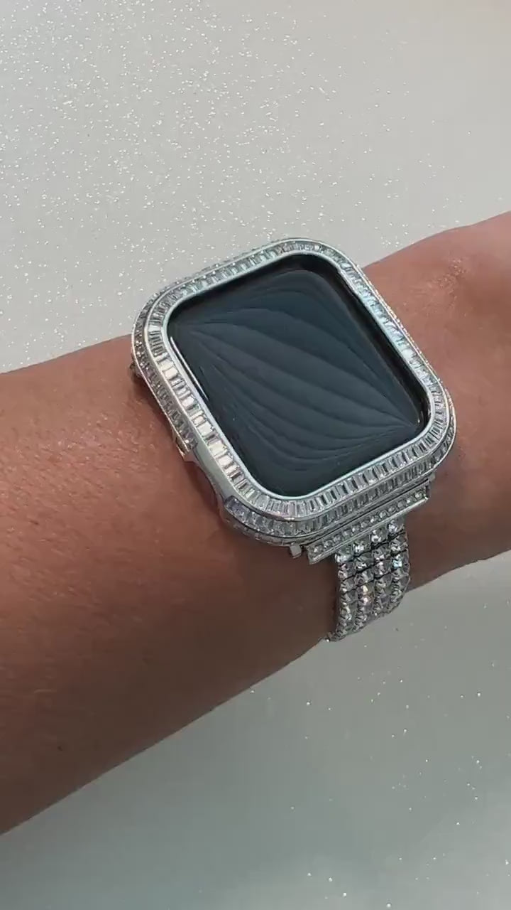 Silver Apple Watch Band Bracelet Women SwarovskiCrystals & or Apple Watch Bezel Lab Diamond Baguette Iwatch Case 40mm 41mm 44mm 45mm Bling