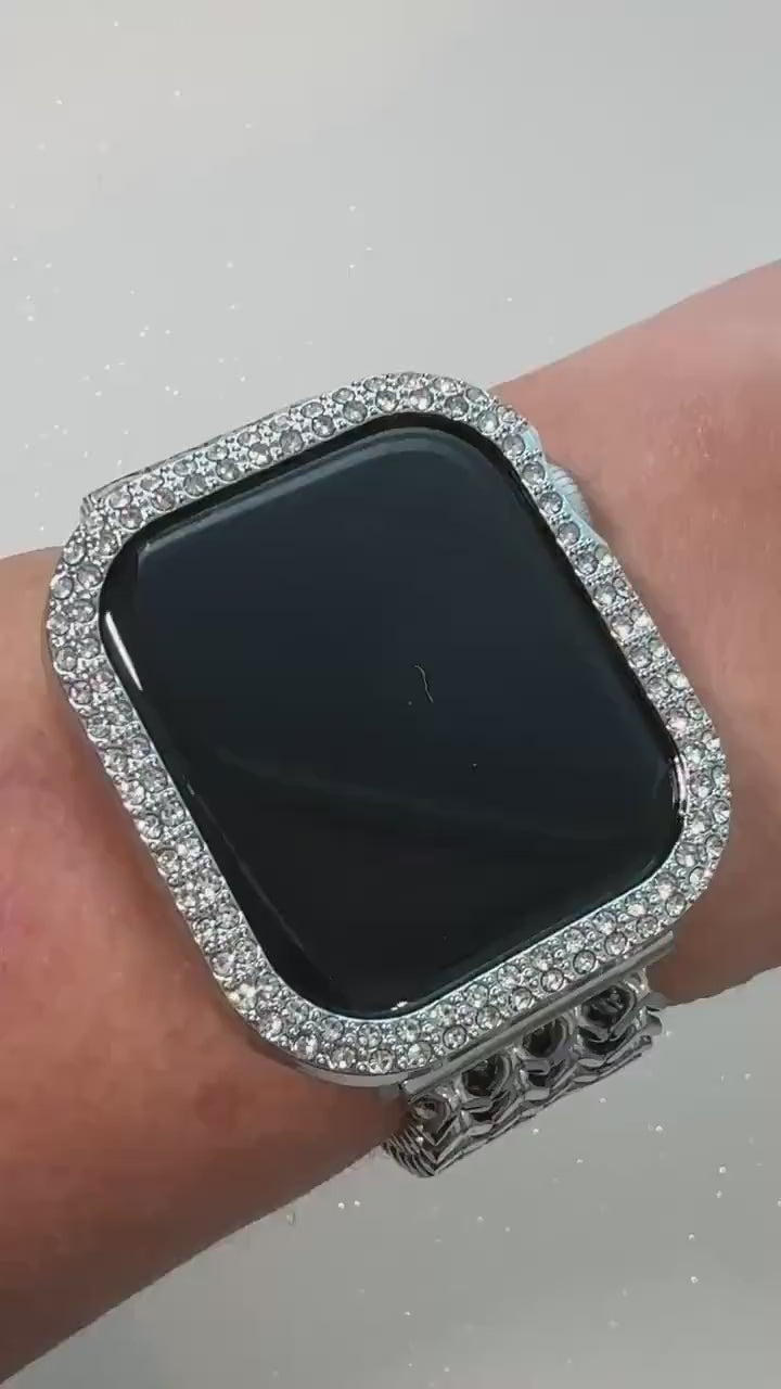 Silver Apple Watch Band Series 10 Stainless Steel Women & or Apple Watch Case Swarovski Crystal 38mm-49mm Ultra Protective Iphone Watch Case