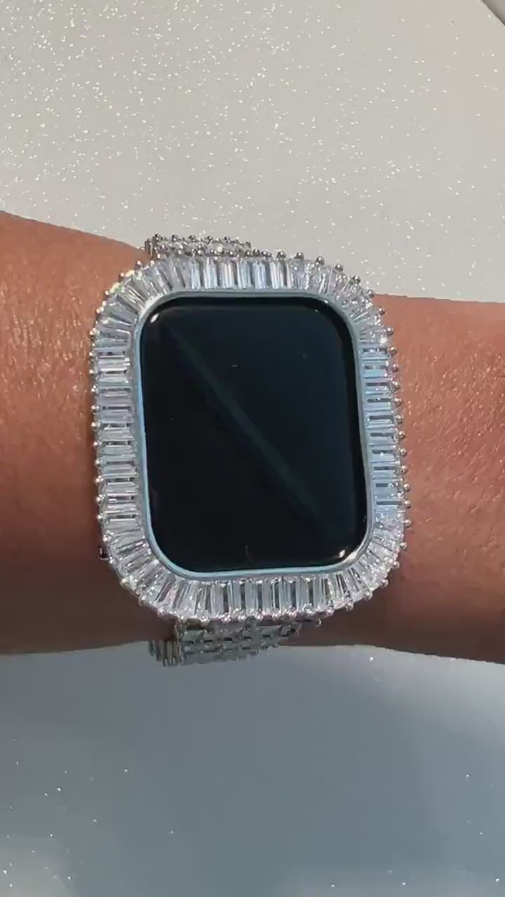 Silver Apple Watch Band 41mm 45mm, Iphone Watch Band Women & or Apple Watch Cover Lab Diamond Baguettes Iwatch Candy Apple Watch Case Bling