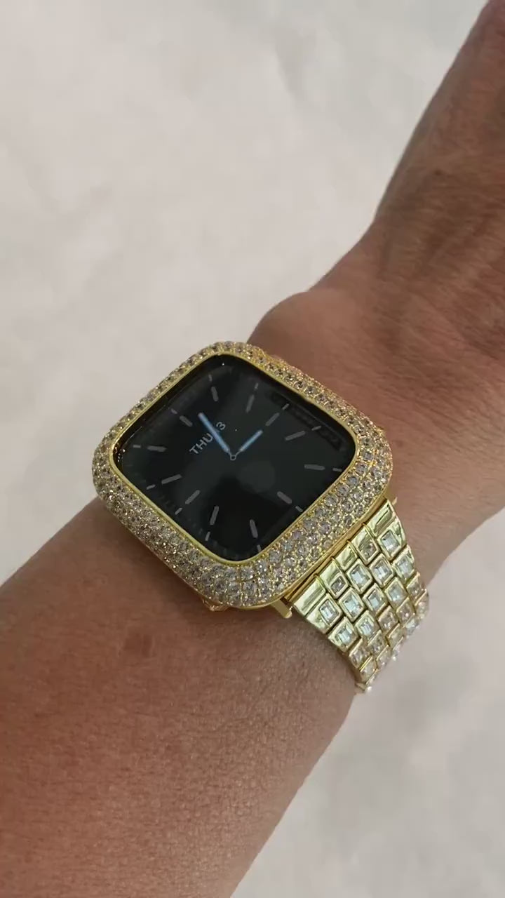 Gold Apple Watch Band  Crystal Baguettes 38mm 40mm 41mm 42mm 44mm 45mm 49mm Ultra & or Pave Lab Diamond Bezel Cover Smartwatch