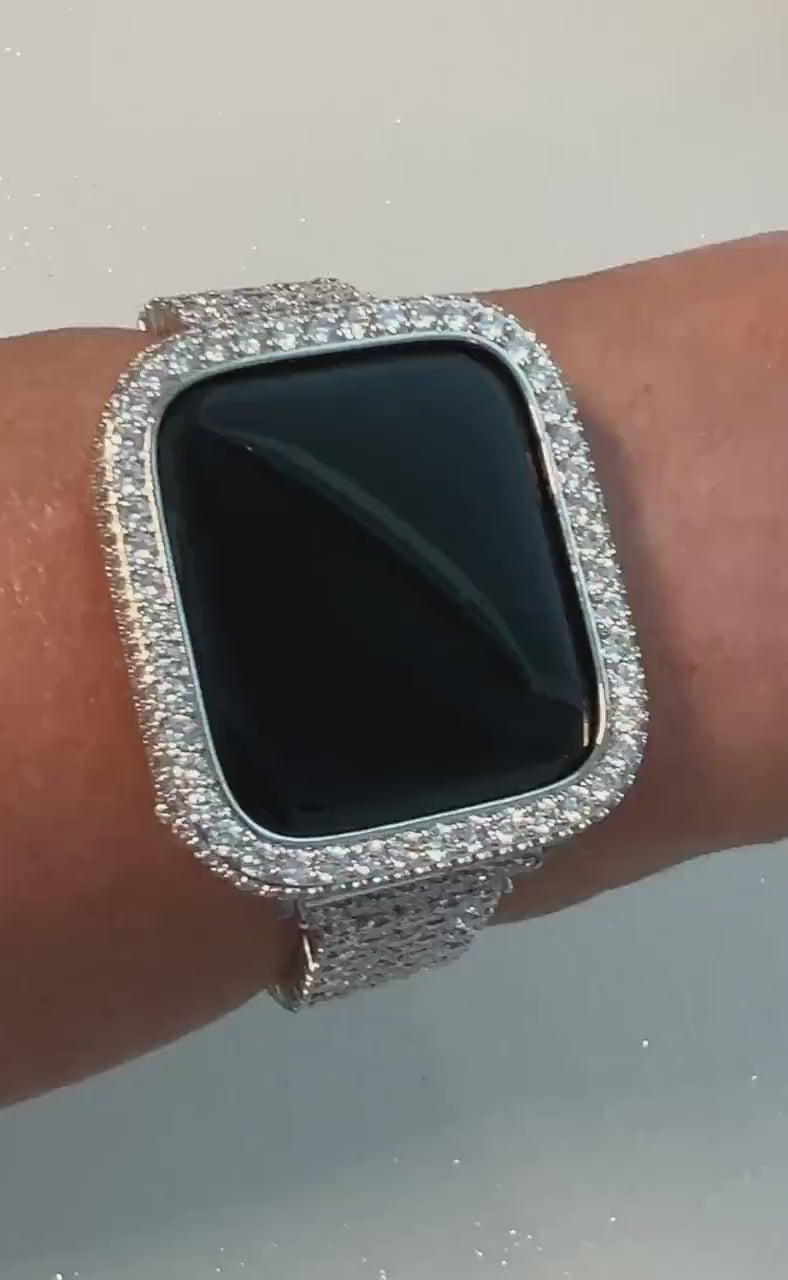 Designer High End Apple Watch Band Womens Silver Bracelet & or Apple Watch Case Lab Diamond Bezel Iphone Watch Cover Iwatch Candy Bling