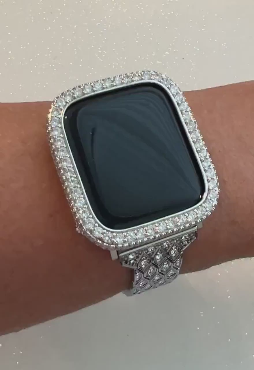 Pave Apple Watch Band Silver Swarovski Crystals 38mm-49mm Ultra & or Apple Watch Cover Lab Diamond Bezel Apple Watch Case Iphone Watch