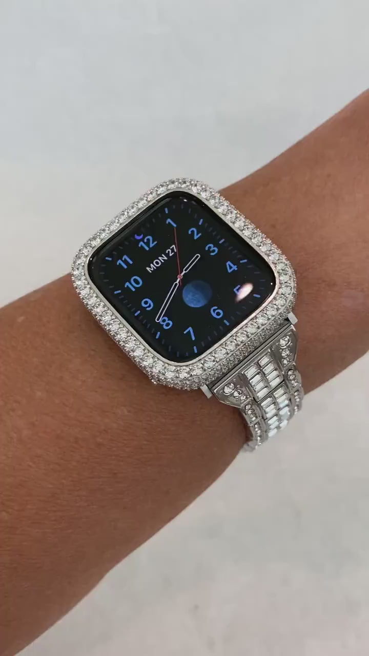 Silver Apple Watch Band Womens Swarovski Crystal Baguettes 49mm Ultra 41mm 45mm & or Apple Watch Cover Lab Diamond Smartwatch Bumper 38-45mm