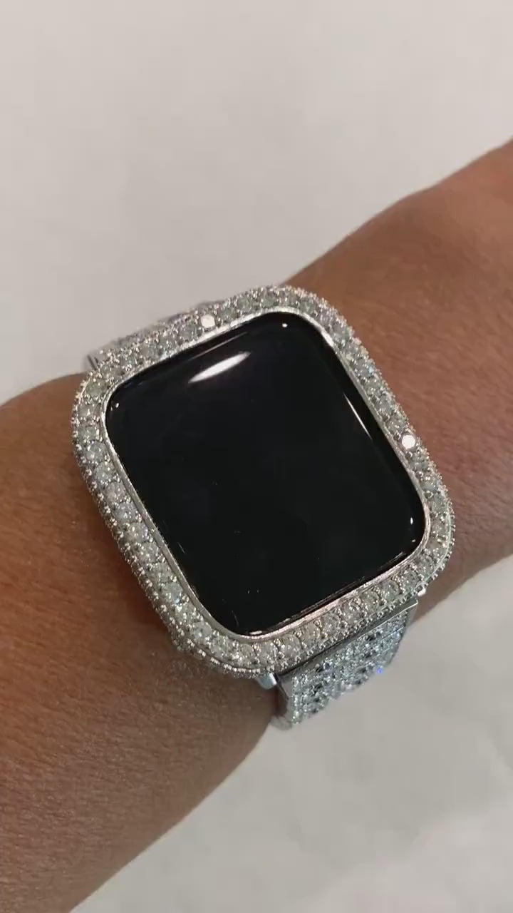 Silver Apple Watch Band Pave Swarovski Crystal 38 40 41 42 44 45 49mm Ultra & orApple Watch Cover Lab Diamond Bezel Bling Series 2-9