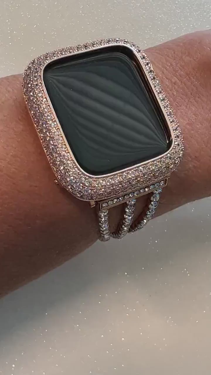 Rose Gold Apple Watch Band Womens Bracelet Chain Ultra  Crystals & or Apple Watch Cover Lab Diamond Bezel 40mm 44mm Iwatch Candy