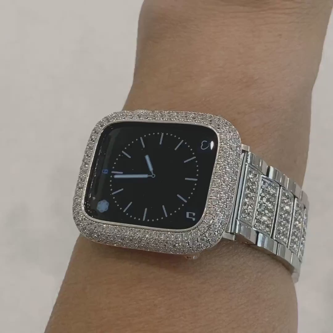 Designer Apple Watch Band Women 38mm 40mm 41mm 42mm 44mm 45mm 49mm Silver Swarovski Crystals & or Apple Watch Cover Lab Diamond Bezel Case