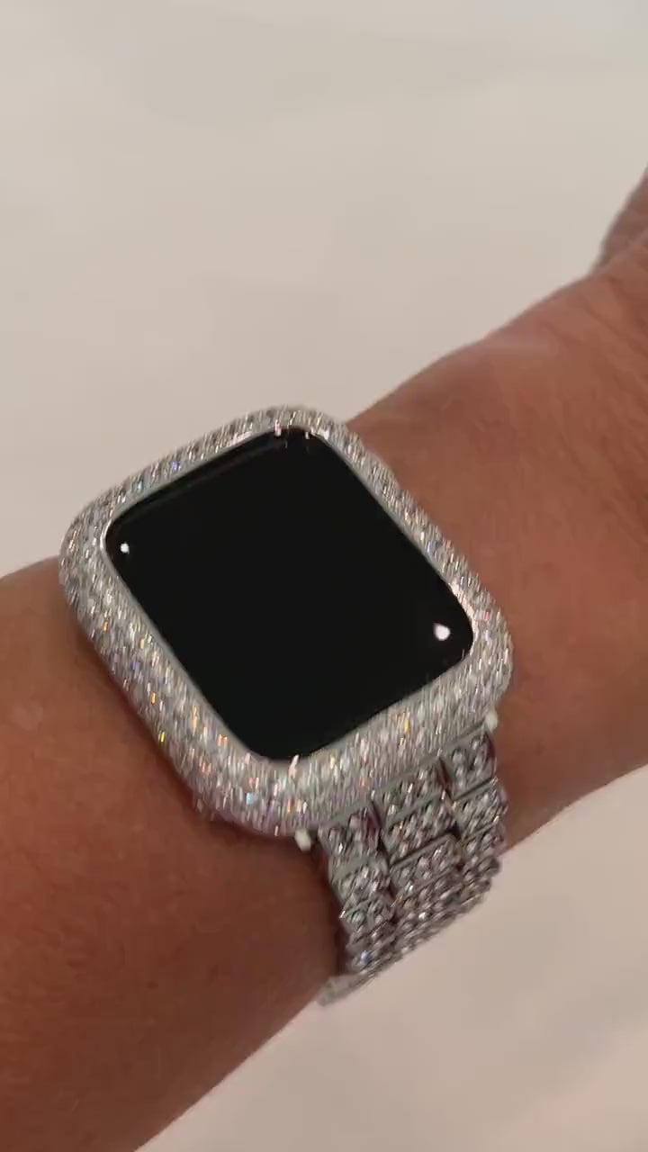 Designer Pave Apple Watch Band Silver Swarovski Crystal & or Apple Watch Cover Lab Diamond Bezel Apple Watch Case 38-49mm Iwatch Candy Bling