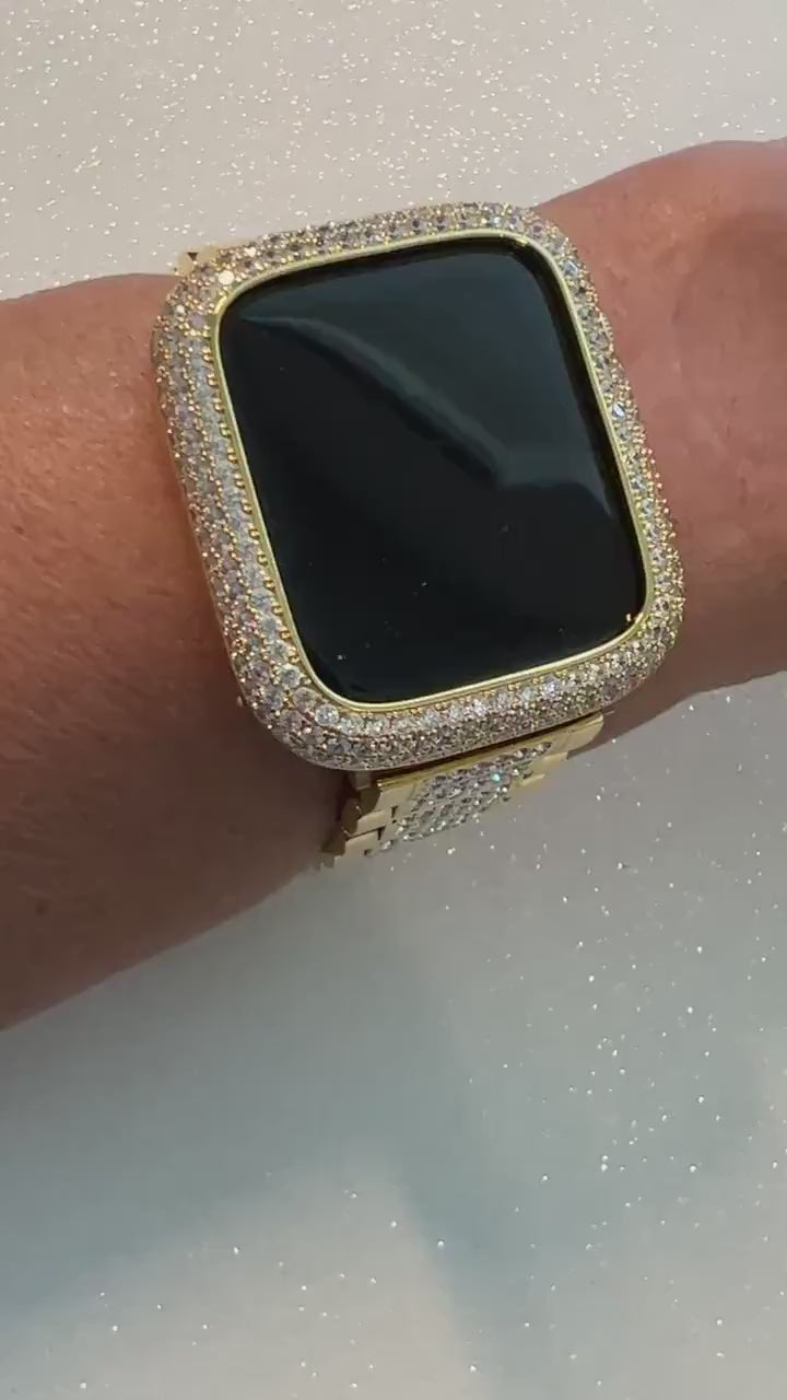 High End Apple Watch Band Women Gold Swarovski Crystals 38mm 40mm 41mm 42mm 44mm 45mm 49mm Ultra & or Apple Watch Cover Lab Diamond Bezel