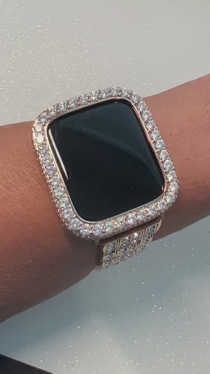 Huge Bling Apple Watch Band Women Rose Gold Stainless Steel  Crystals & or Apple Watch Cover Lab Diamond Bezel Case Bling 38mm-45mm