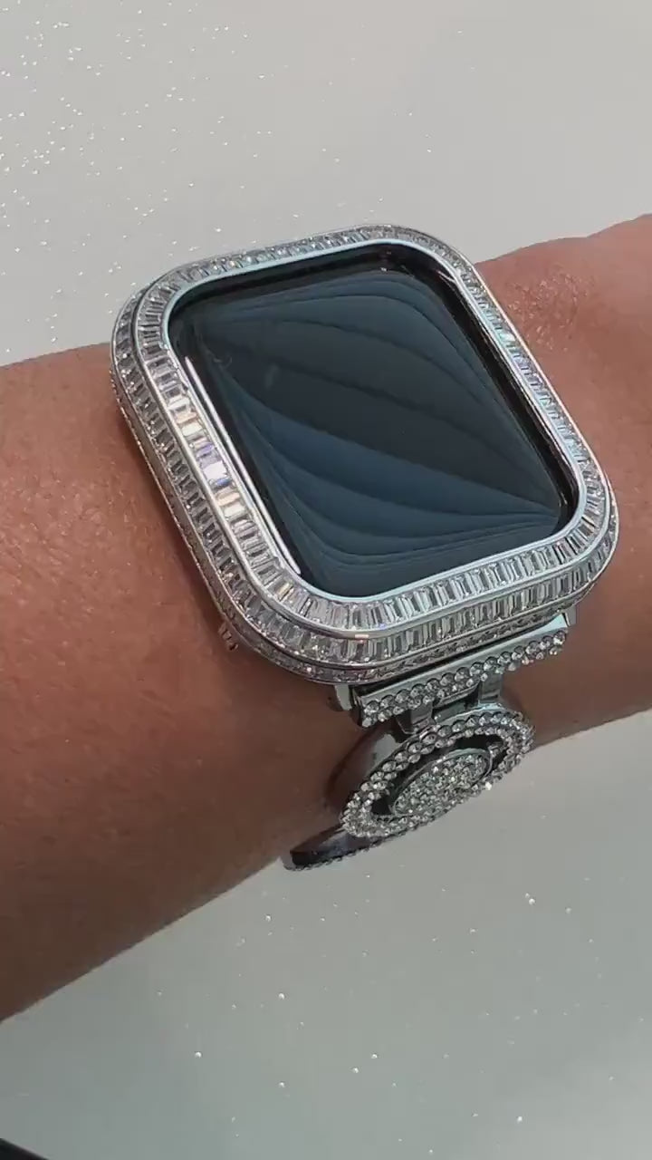 Custom Apple Watch Band Womens Silver Pave Swarovski Swarovski Crystal& or Apple Watch Cover Baguette Lab Diamond Bezel Bling Iwatch Candy