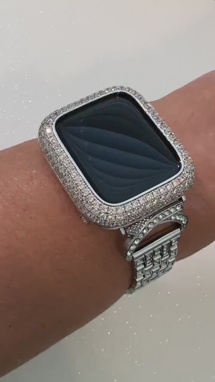 Designer Apple Watch Band Women 38 40 41 42 44 45 49mm Silver Swarovski Crystal & or Apple Watch Case Lab Diamond Bezel Apple Watch Cover