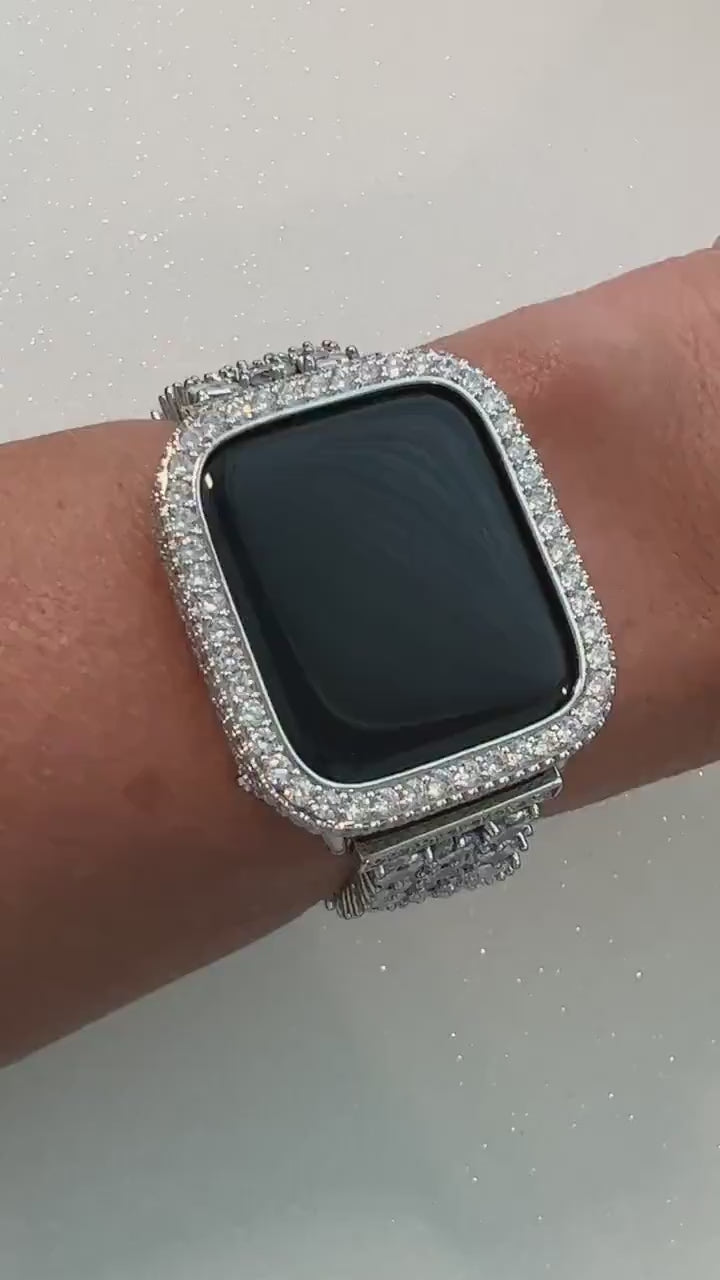 White Gold Apple Watch Band Silver Woman  Crystal Bracelet & Or Apple Watch Case Lab Diamond Bezel Cover Iwatch Candy 38mm-49mm