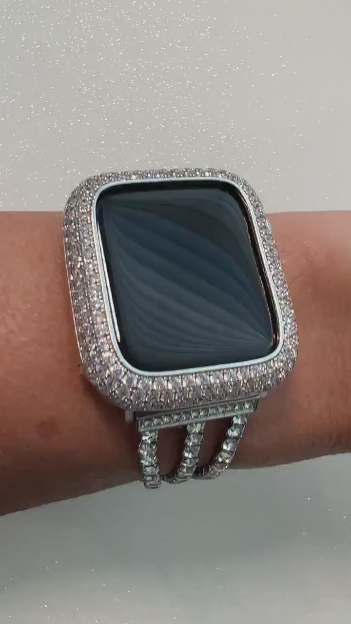 Apple Watch Band Womens 41mm 45mm Silver  Crystal & or Apple Watch Case Pave Lab Diamonds Iwatch Candy Bumper Bling 38-49mm Ultra