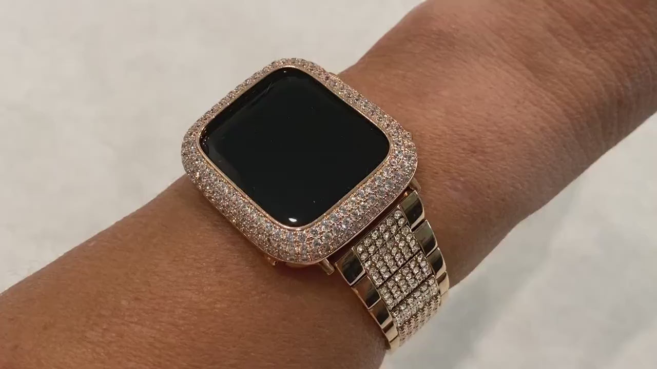 Apple Watch Band 41mm 45mm 49mm Ultra Woman Rose Gold Swarovski Crystals & or Apple Watch Cover Lab Diamond Bezel Cover 38mm 42mm 44mm Bling