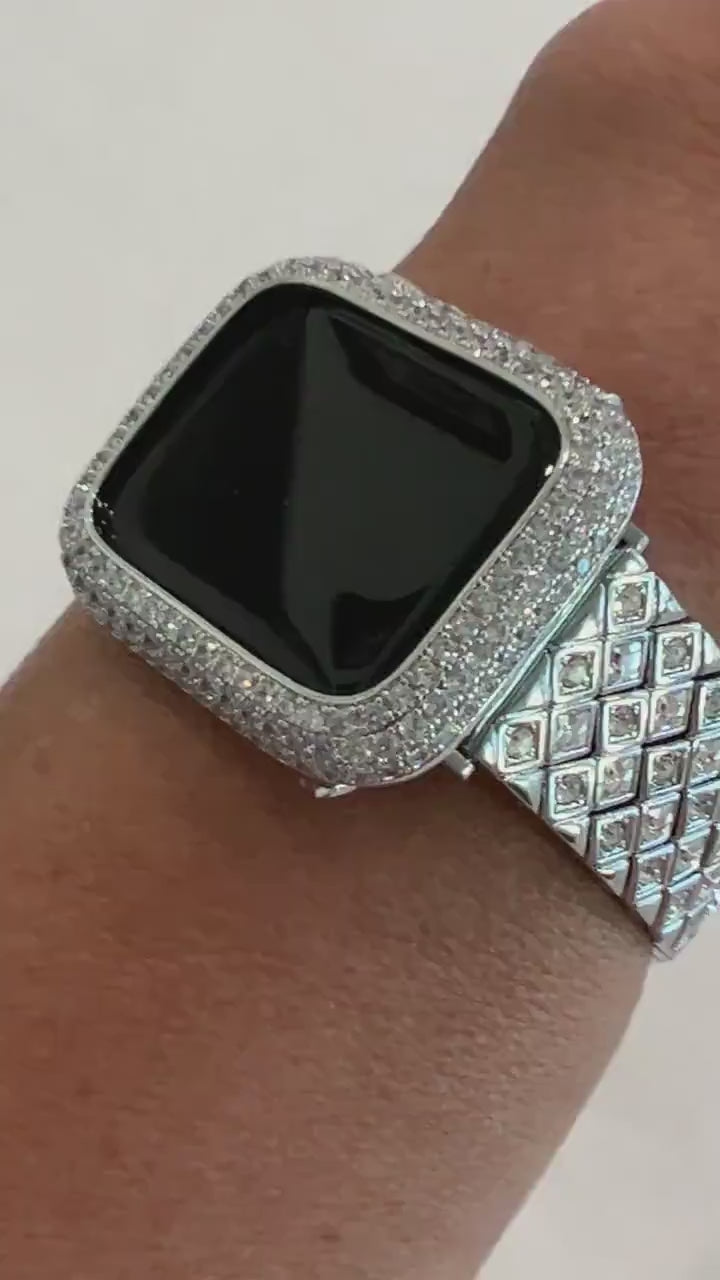 Apple Watch Band Women, Iphone Watch Band  Silver Large Swarovski Crystals & or Apple Watch Case Lab Diamond Bezel, Iphone Watch Cover Bling