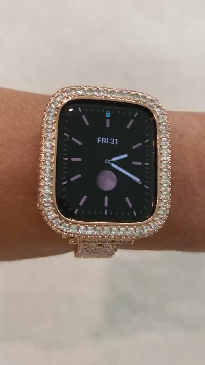 Rose Gold Apple Watch Cover with 2.5mm Square Lab Diamonds Apple Watch Case Smartwatch Bumper Bling 40mm 44mm Iwatch Candy