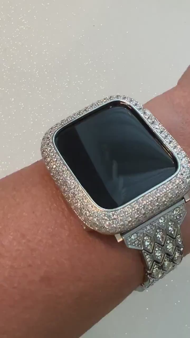 Silver Apple Watch Band Bracelet Womens Iphone Watch Band & or Apple Watch Case Lab Diamond Bezel Iwatch Cover Bling 38mm-49mm Ultra