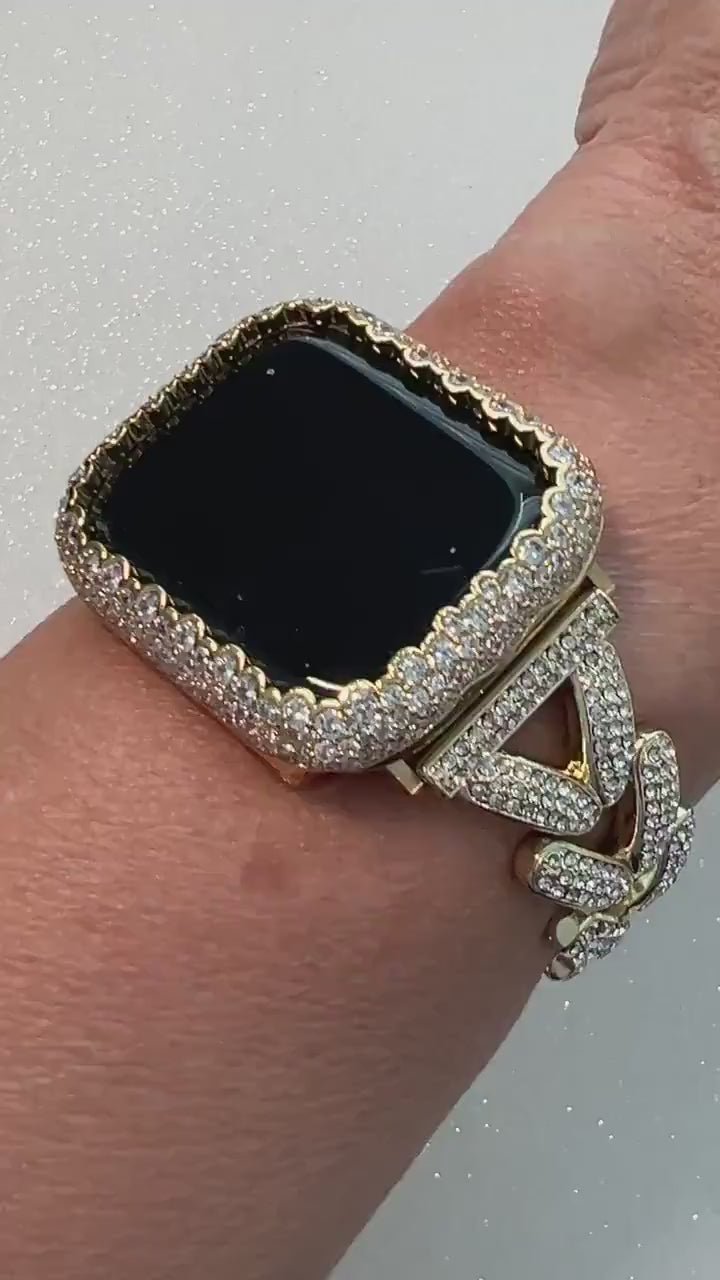 Dangle Heart Apple Watch Band Woman Gold  Crystal Heart Charm & or Apple Watch Case Lab Diamond Bezel 38mm-49mm Apple Watch Cover