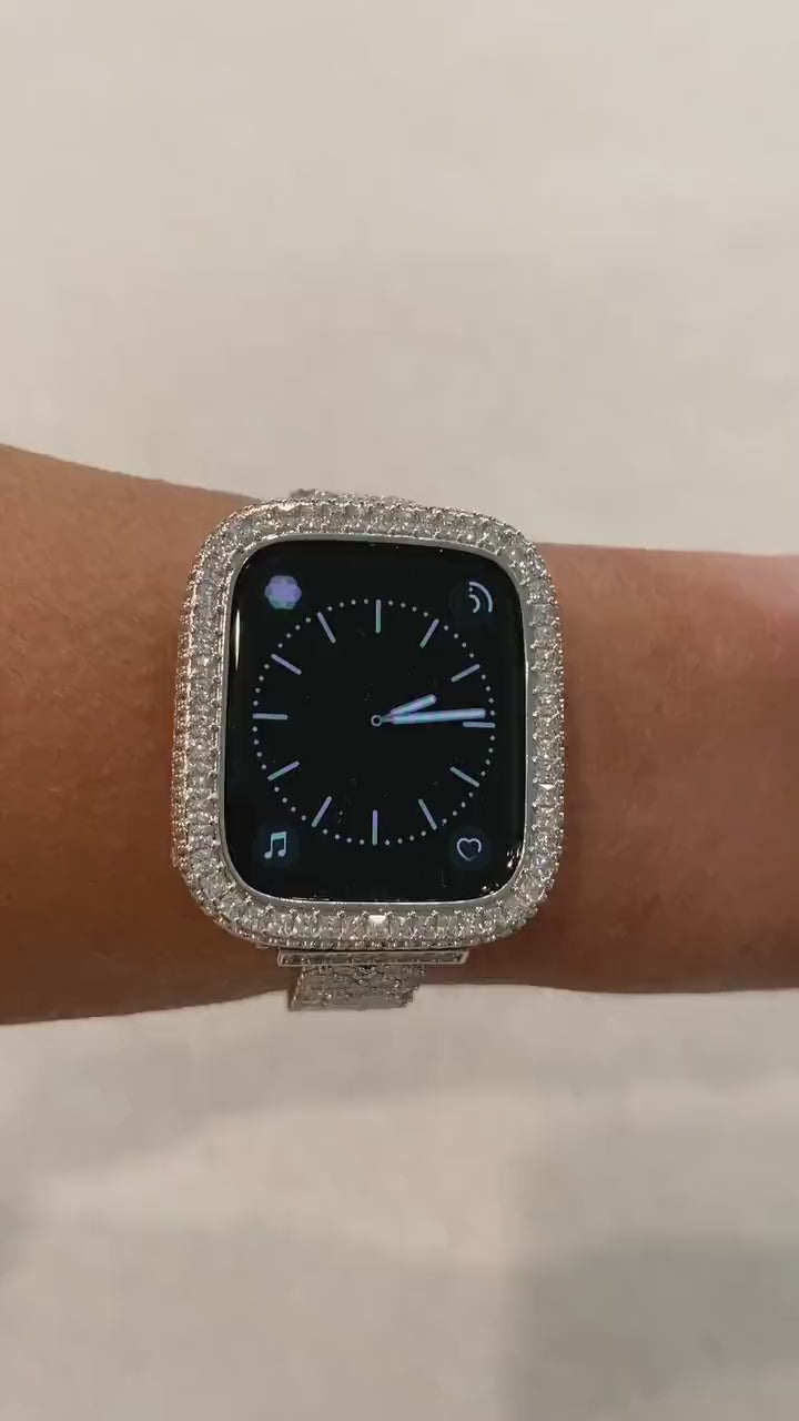 Apple Watch Cover Silver Metal Bezel 2.5mm Lab Diamonds, Apple Watch Case Protective Smartwatch Bumper Bling 40mm Series 4.5,6