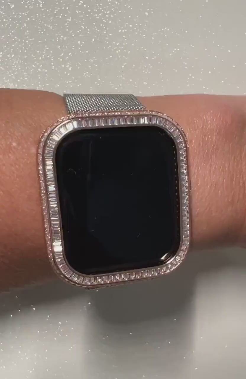 Statement Rose Gold Apple Watch Case Womens 40mm 41mm 44mm 45mm Baguette Lab Diamonds Apple Watch Cover Iwatch Candy Bling Series 4-9