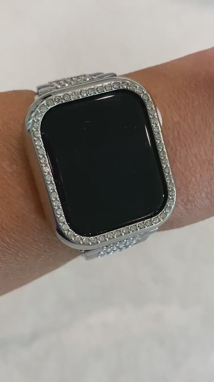 White Gold Apple Watch Band Ultra 49mm Series 7-8  Crystals 41mm 45mm & or Silver Crystal Apple Watch Bezel Cover Faceplate