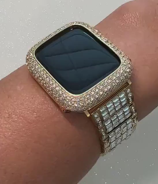 Apple Watch Band Yellow Gold Baguette Swarovski Crystals & or Apple Watch Cover Pave Lab Diamond Bezel 38mm-49mm Ultra Iwatch Candy Bling