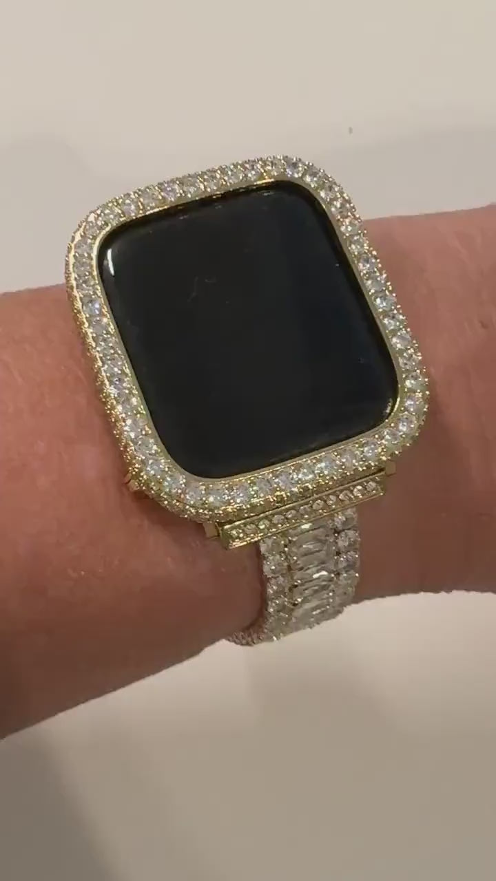 Apple Watch Band Womens Swarovski Crystals 14k Yellow Gold PL & or Apple Watch Case Lab Diamond Bezel for Iphone Watch Cover Iwatch Candy