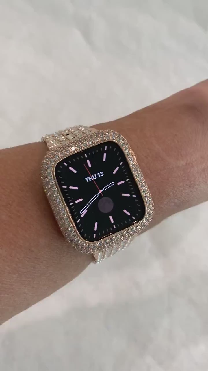 Rose Gold Apple Watch Band Swarovski Crystal Baguettes 41mm 45mm 49mm Ultra & or Apple Watch Cover Lab Diamond Bezel Case Iwatch Candy Bling