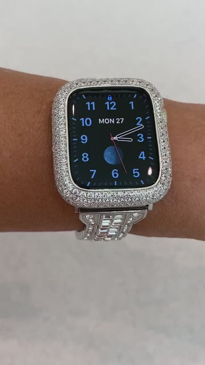 Apple Watch Band Silver Swarovski Crystals 41mm 45mm 49mm Ultra & or Apple Watch Cover Lab Diamond Bezel Case Cover Smartwatch Bumper Bling