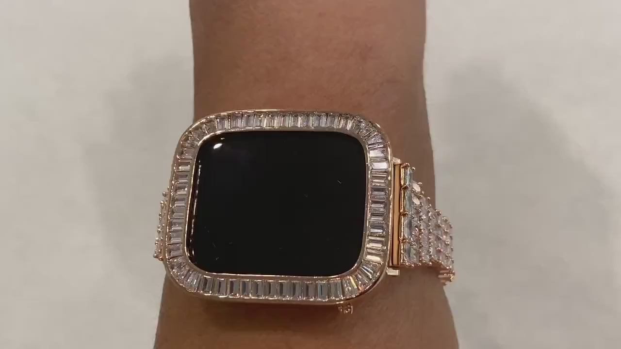 Custom Rose Gold Apple Watch Band Women 38mm-45mm Swarovski Crystal & or Baguette Lab Diamond Bezel Apple Watch Cover Iwatch Bling Handmade