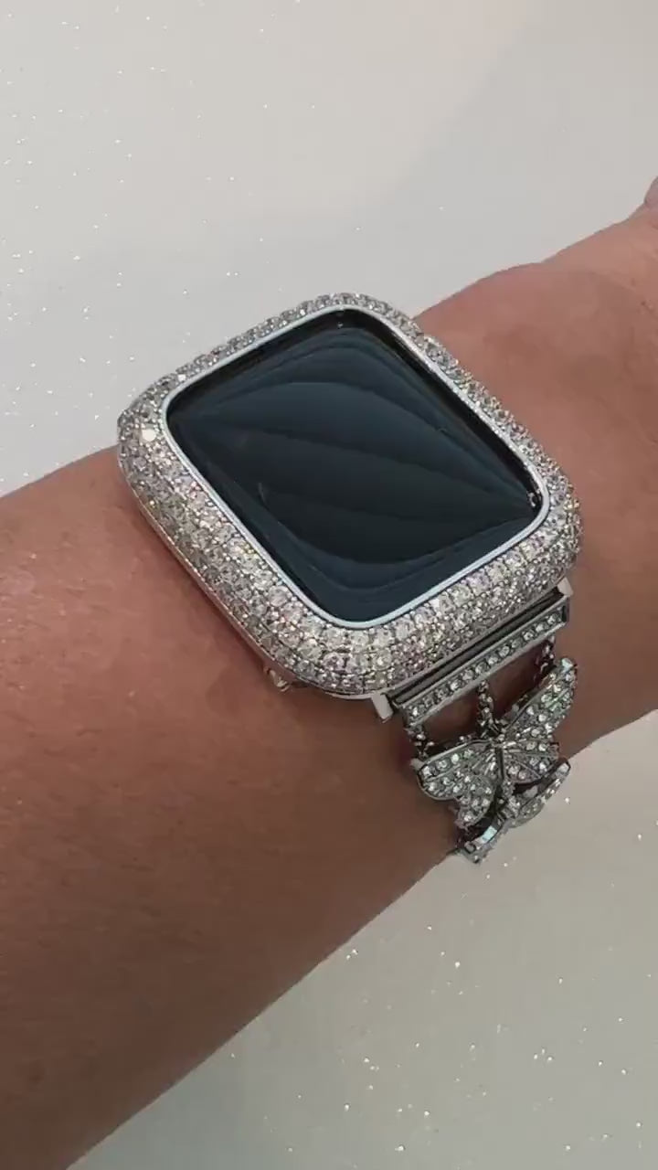 Butterfly Apple Watch Band 49mm Woman Silver Swarovski Crystal & or Apple Watch Case Pave Lab Diamonds Apple Watch Cover Iwatch Candy Bling