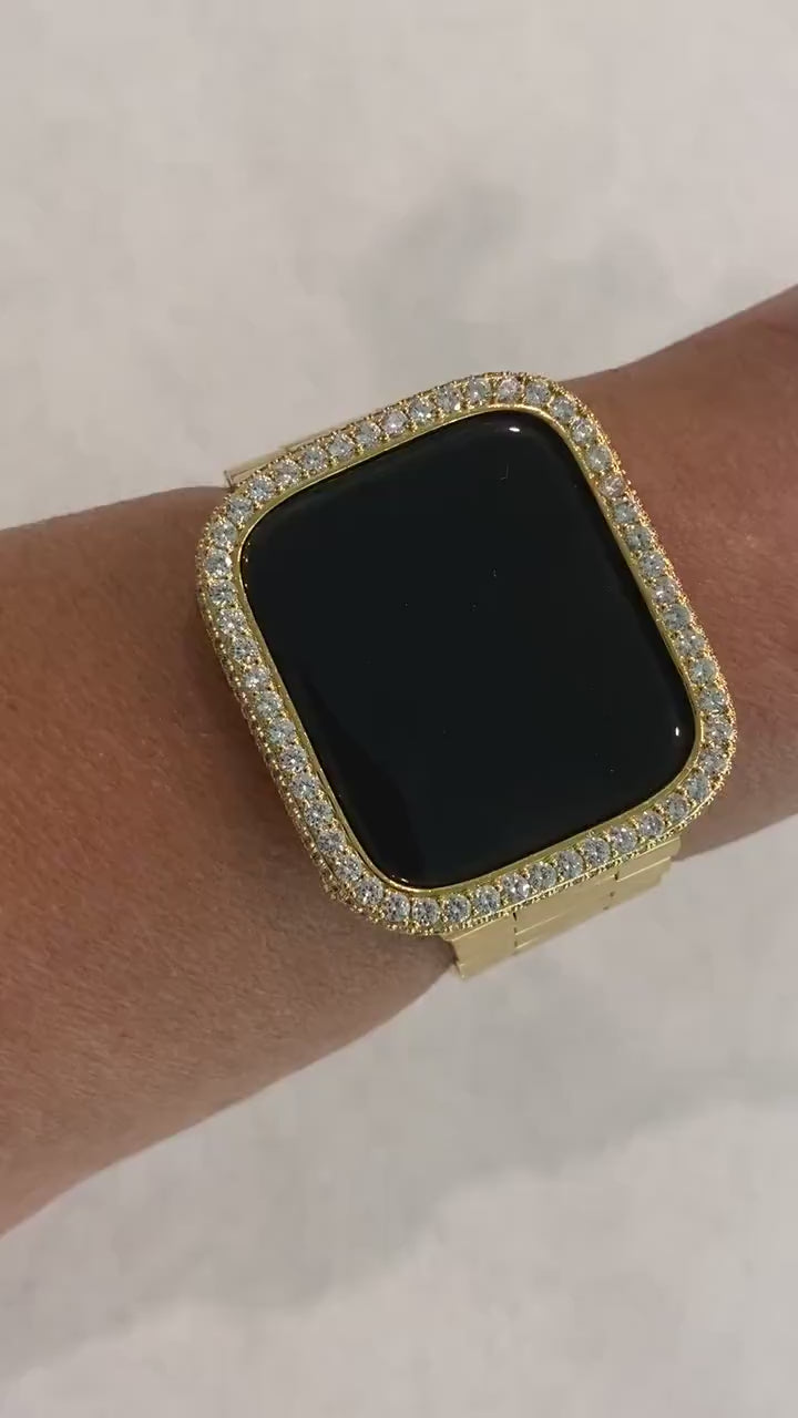 Custom Apple Watch Band Gold Stainless Style 41mm 45mm 49mm Ultra & or Iced Out Lab Diamond Bezel Cover Iwatch Band Series 9 Gift for Him