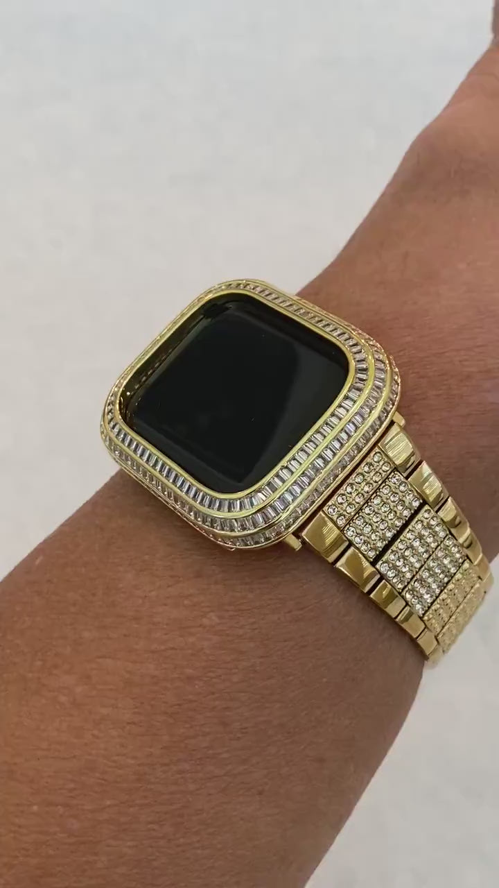 Bling Gold Apple Watch Band 41mm 44mm Stainless Steel & or Apple Watch Cover Lab Diamond Bezel Case 40mm 44mm Iwatch Candy Bling Series 9